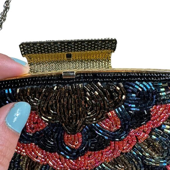 VINTAGE Beaded Top Clasp Shoulder Bag Colorful Black Pink Gatsby - Picture 5 of 6